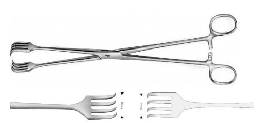 КОРНЦАНГ ЕСКУЛАП-ПРЕТТ ЗАХОПЛЮЮЧИЙ, ПРЯМИЙ, 260 ММ, БРАНШІ: 4 X 4 ЗУБЦІ, ШИРИНА БРАНШ: 18 ММ